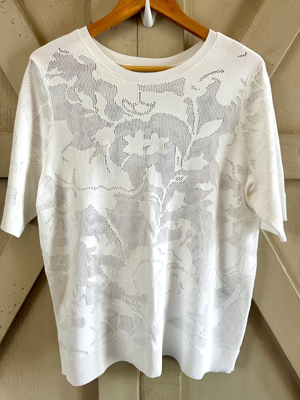 Chico’s Ella Pointelle Floral Knit Sweater White Short Sleeve Size Large